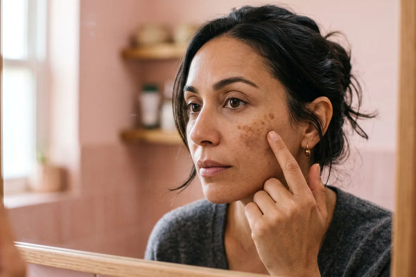Femme qui observe des taches brunes sur sa pommette dans le miroir de la salle de bain