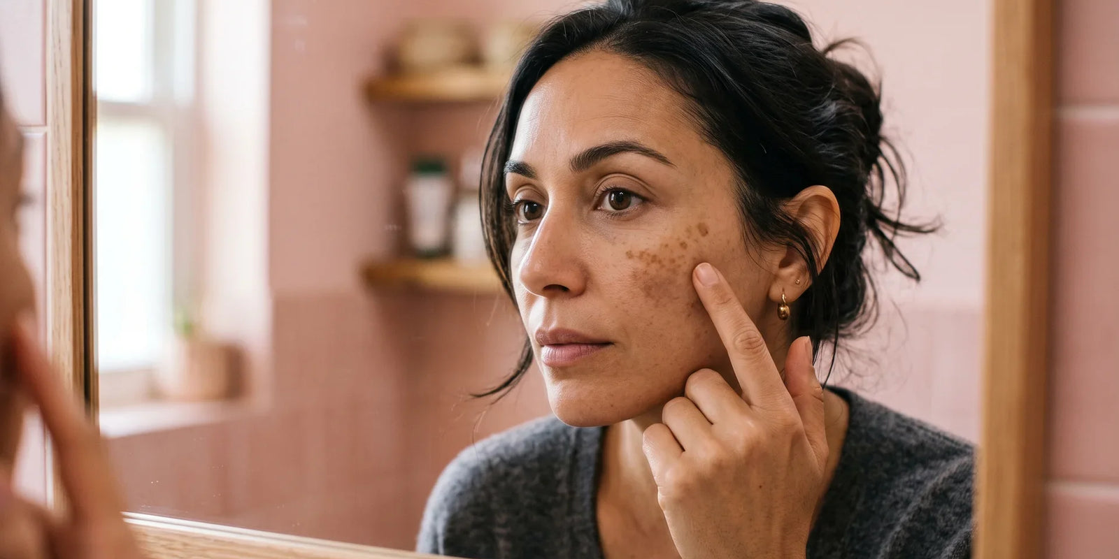 Femme qui observe des taches brunes sur sa pommette dans le miroir de la salle de bain