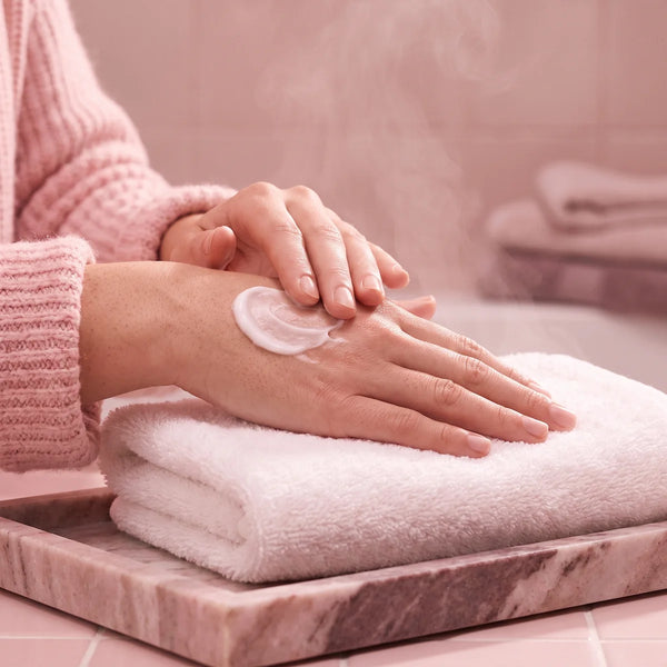 Mains appliquant une crème hydratante, soins corps et mains Glowy