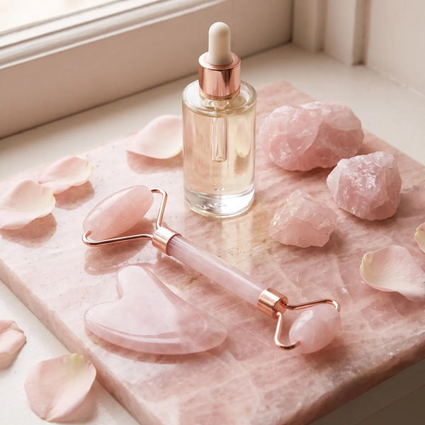 Rouleau de massage et gua sha rose en résine avec un sérum visage