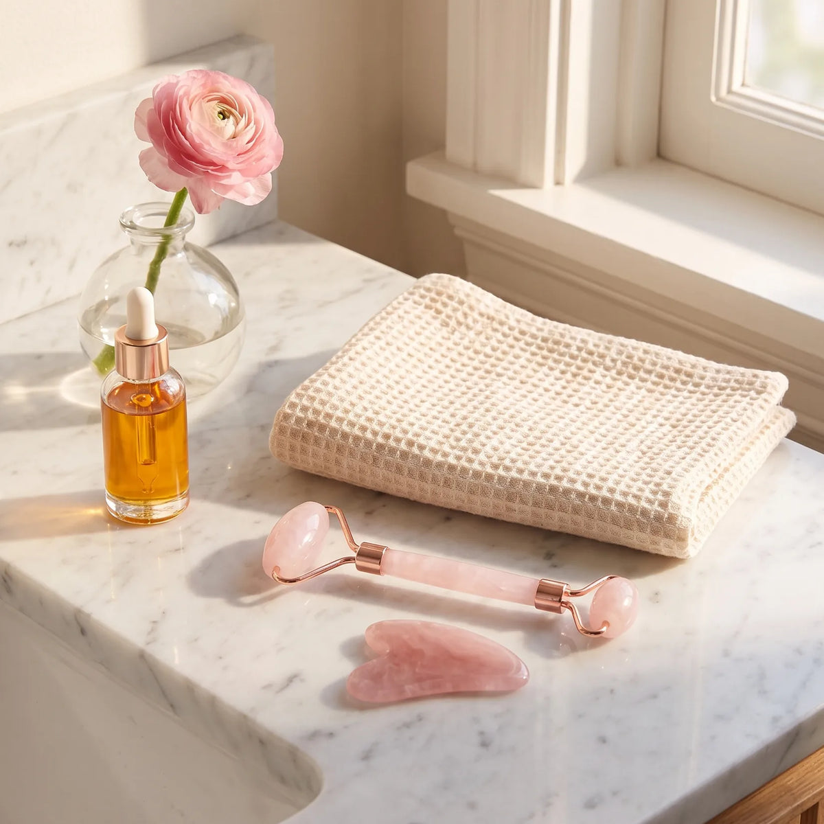 Kit gua sha rose posé dans une salle de bain à côté d'une huile visage