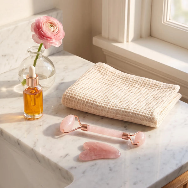 Kit gua sha rose posé dans une salle de bain à côté d'une huile visage