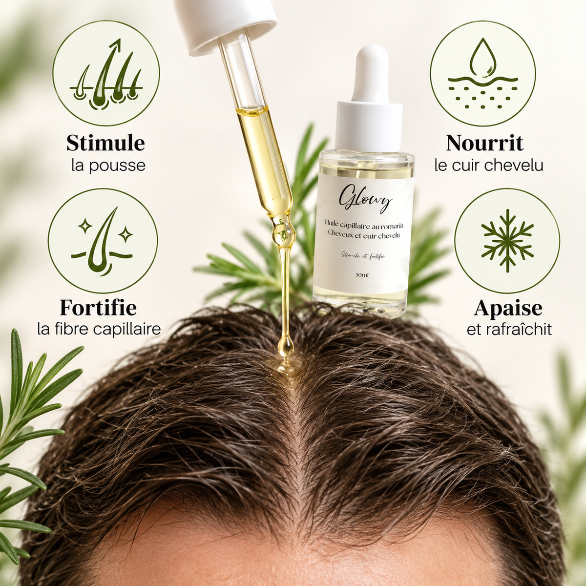 Huile de Romarin pour Cheveux et Cuir Chevelu, Formule Fortifiante