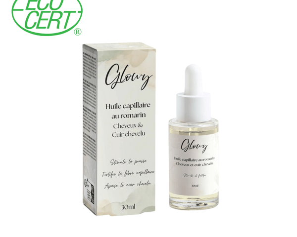 Huile de romarin pour cheveux et cuir chevelu Glowy, flacon compte-gouttes et sa boîte, certifiée Ecocert