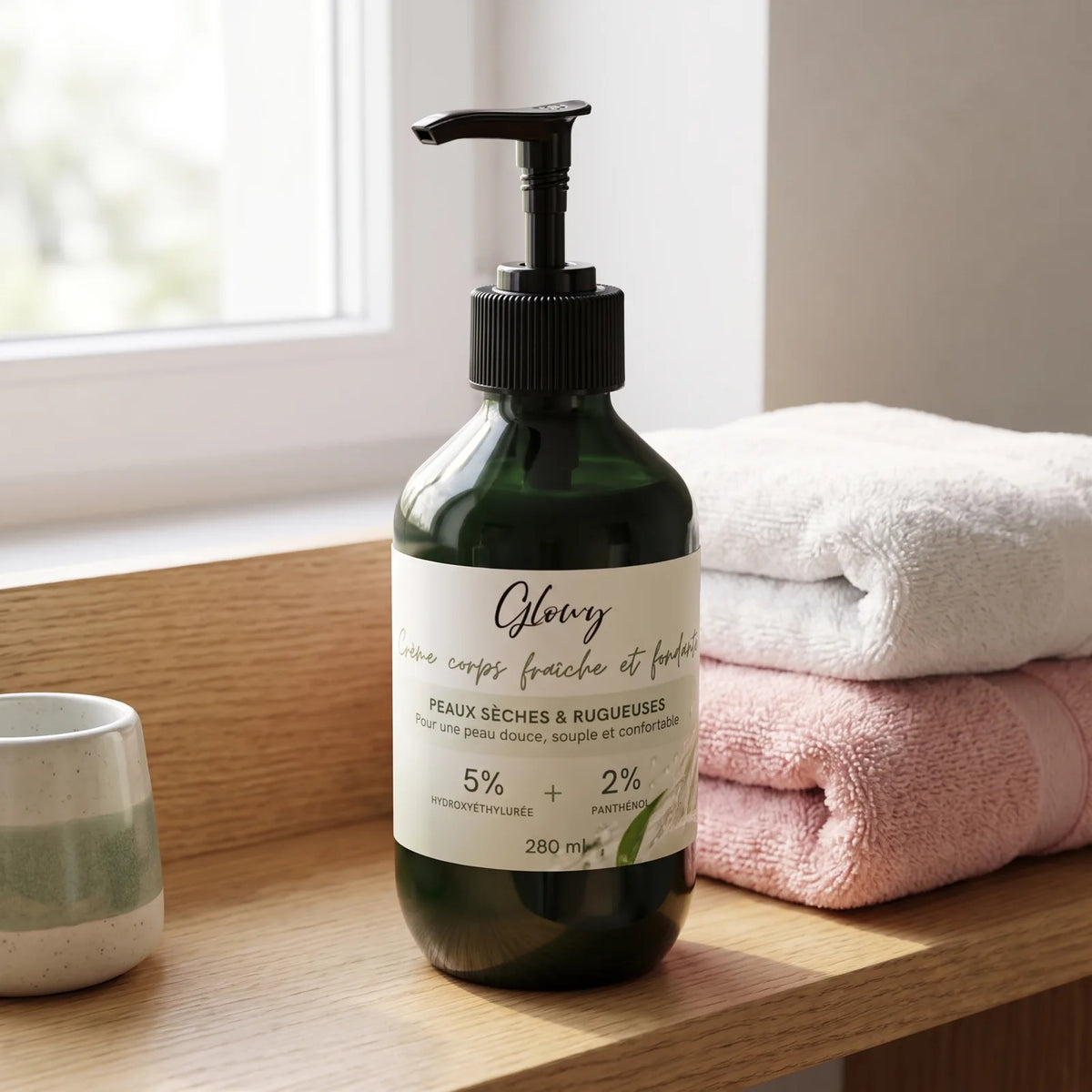 Flacon de crème hydratante corps Glowy sur une étagère de salle de bain avec des serviettes