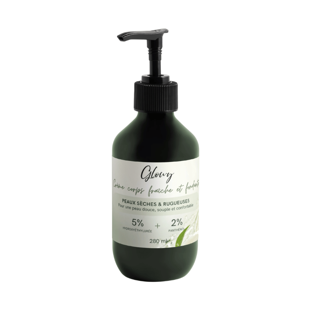 Flacon pompe de crème hydratante corps Glowy pour peau très sèche et rugueuse, 5 % hydroxyéthylurée et 2 % panthénol, 280 ml
