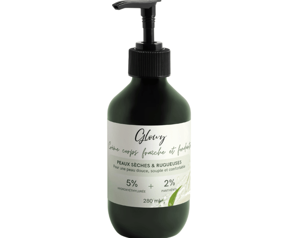 Flacon pompe de crème hydratante corps Glowy pour peau très sèche et rugueuse, 5 % hydroxyéthylurée et 2 % panthénol, 280 ml