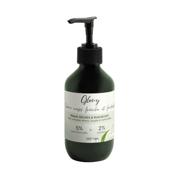 Flacon pompe de crème hydratante corps Glowy pour peau très sèche et rugueuse, 5 % hydroxyéthylurée et 2 % panthénol, 280 ml