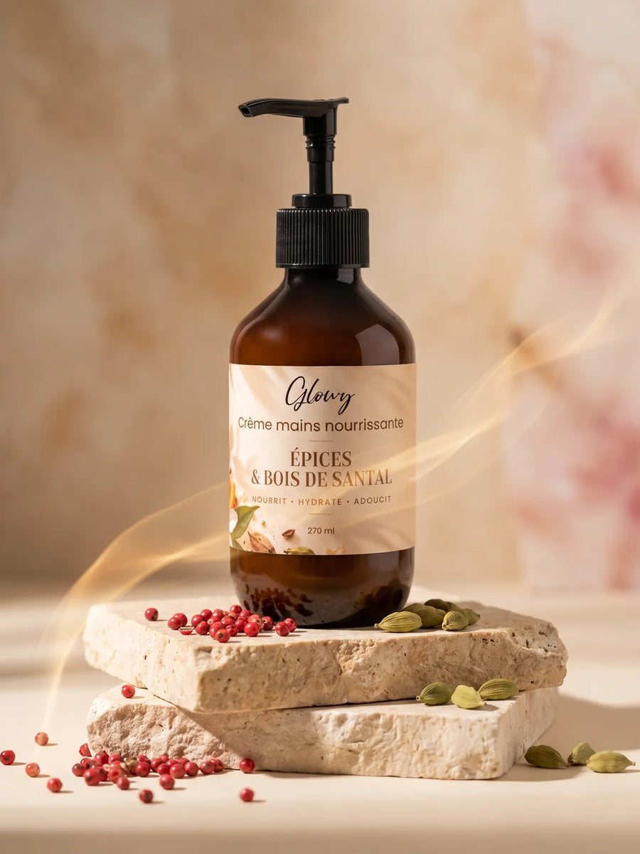 Crème mains nourrissante Glowy en flacon pompe de 270 ml sur un podium en pierre, avec poivre rose et cardamome
