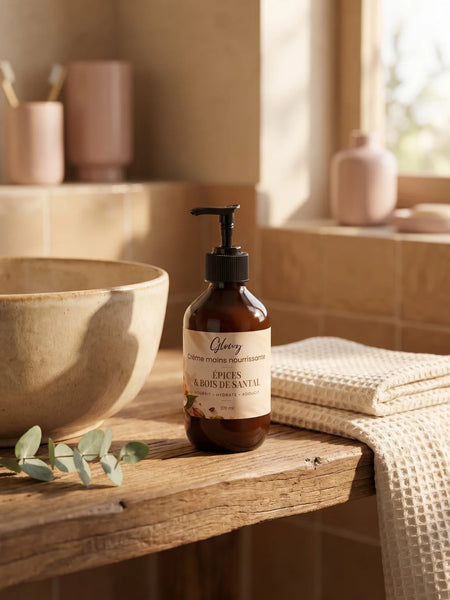 Flacon de crème mains Glowy posé dans une salle de bain lumineuse, près du lavabo