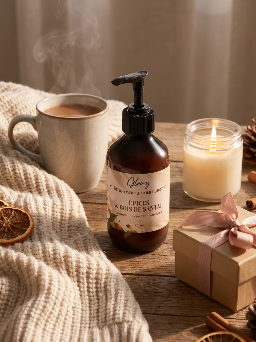 Crème mains Glowy en idée cadeau de Noël, avec plaid, bougie et paquet cadeau