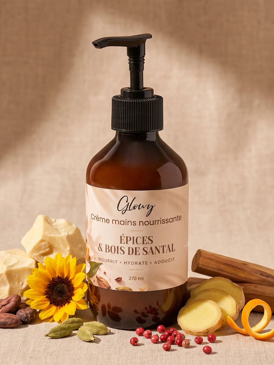 Crème mains Glowy entourée de ses ingrédients : beurre et fèves de cacao, tournesol, cardamome, poivre rose, gingembre et bois de santal