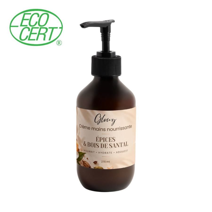 Crème mains nourrissante Glowy, flacon pompe ambré de 270 ml, parfum épices et bois de santal