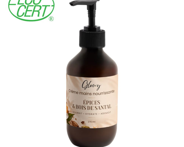 Crème mains nourrissante Glowy, flacon pompe ambré de 270 ml, parfum épices et bois de santal