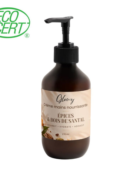 Crème mains nourrissante Glowy, flacon pompe ambré de 270 ml, parfum épices et bois de santal
