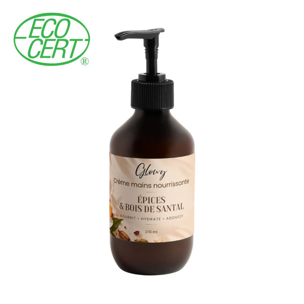 Crème mains nourrissante Glowy, flacon pompe ambré de 270 ml, parfum épices et bois de santal