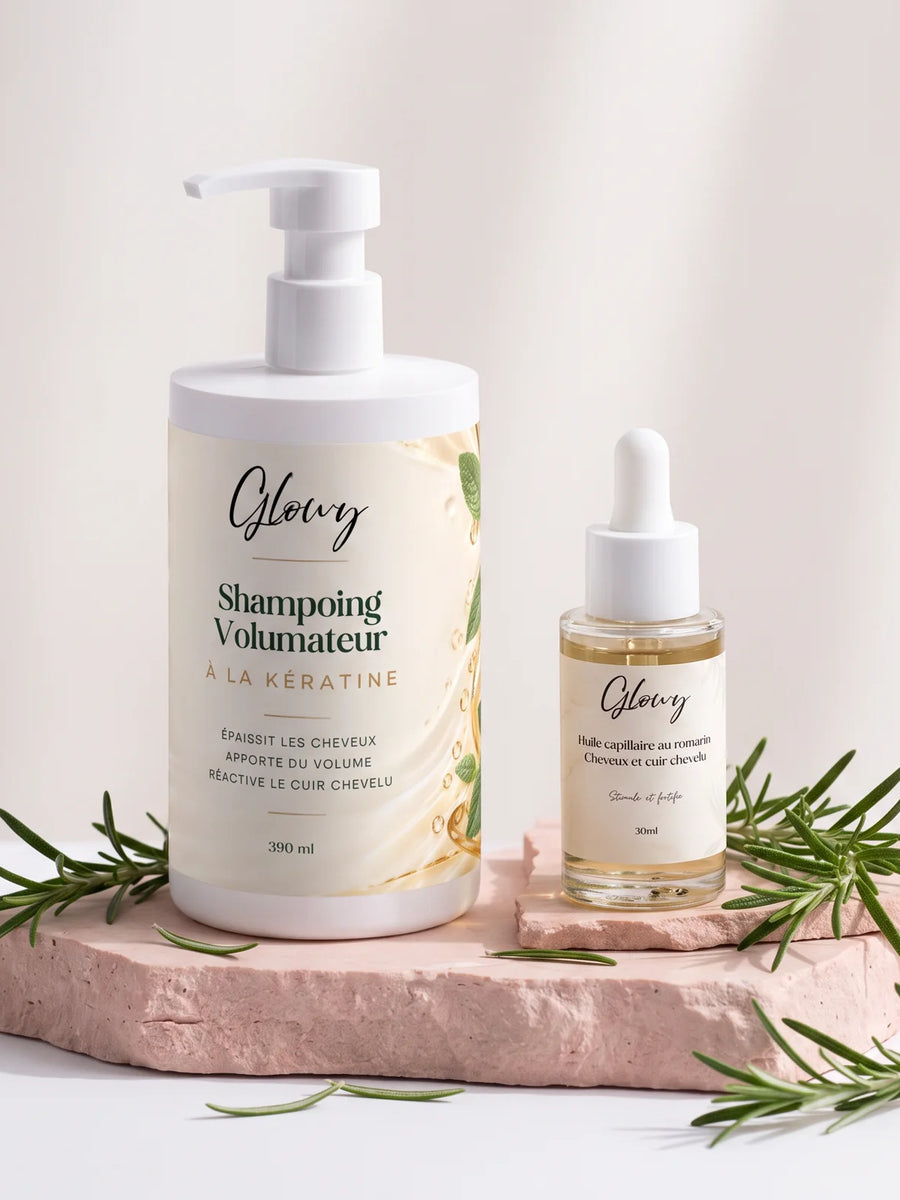 Duo Glowy : shampoing volumateur à la kératine et huile capillaire au romarin