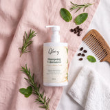 Shampoing à la kératine Glowy sur lin rose avec romarin, menthe, grains de café et peigne en bois