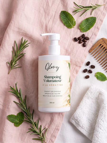 Shampoing à la kératine Glowy sur lin rose avec romarin, menthe, grains de café et peigne en bois