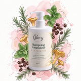 Shampoing à la kératine Glowy entouré d'illustrations aquarelle de romarin, menthe, café et girolle