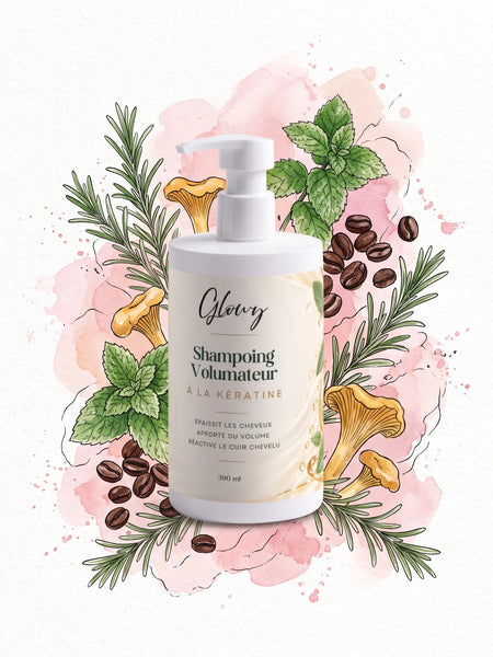 Shampoing à la kératine Glowy entouré d'illustrations aquarelle de romarin, menthe, café et girolle
