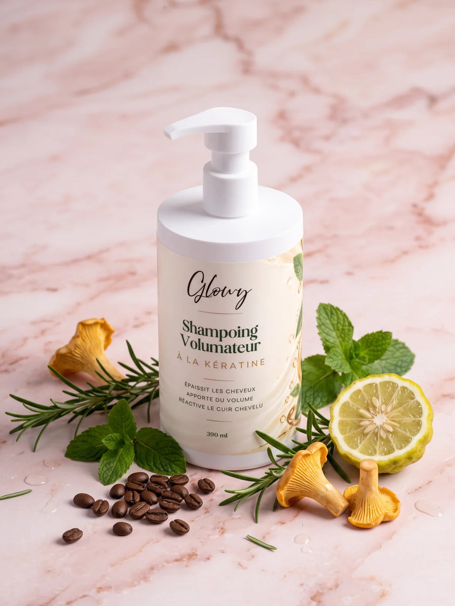Shampoing à la kératine Glowy entouré de ses ingrédients : romarin, menthe poivrée, café, girolles et bergamote