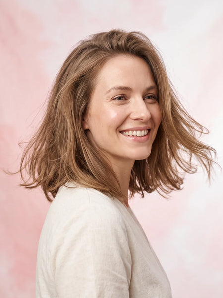Femme souriante aux cheveux fins avec du volume aux racines